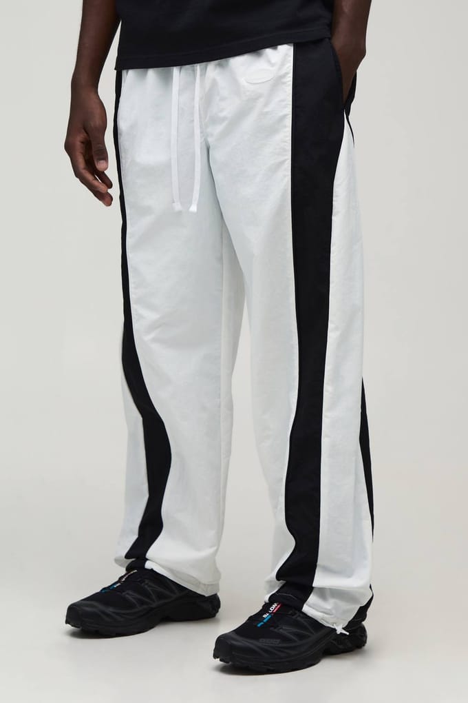 Relaxed Fit Curve Panel and Binding Toggle Hem Nylon Track Pants | White | Size XS