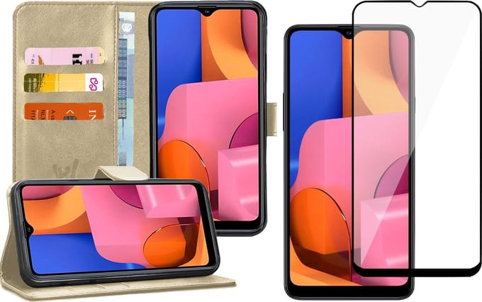 Hoesje geschikt voor Samsung Galaxy A20s - Screen Protector FullGuard - Book Case Kunstleer Pasjeshouder Goud & Screenprotector