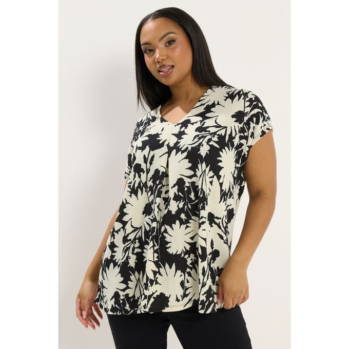 Yours Zwarte Getextureerde Top Met Bloemenprint Size 58-60