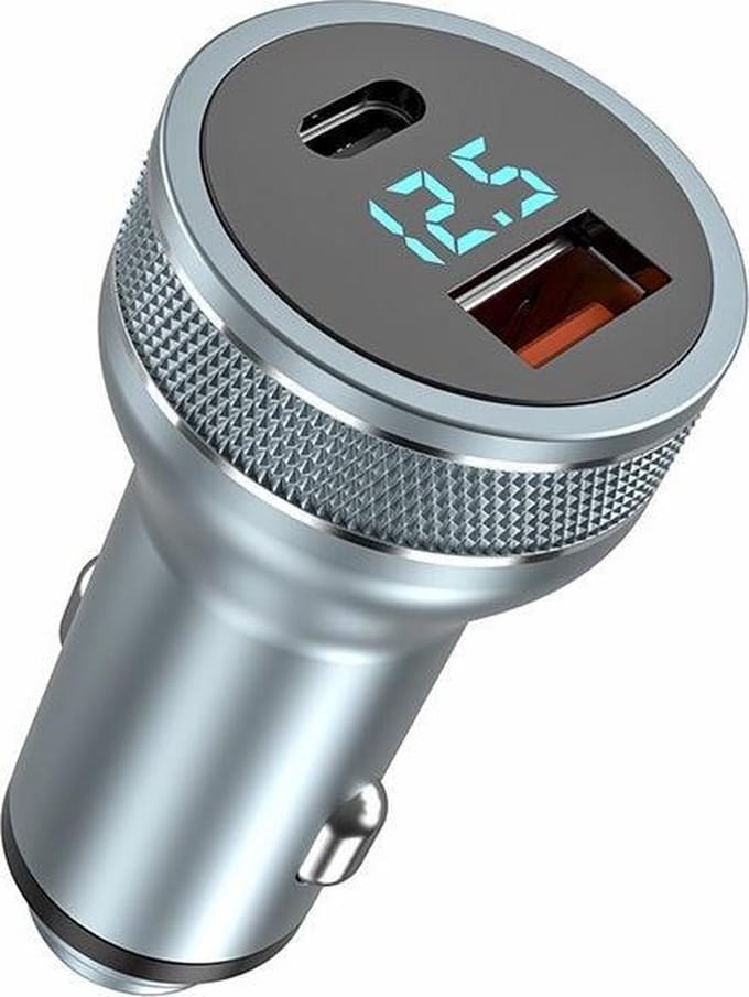 DrPhone Invisible4 Autolader - QC3.0 3A/9V + USB C met PD 18W Snel Opladen- 36W met Digitale Display - Zilver