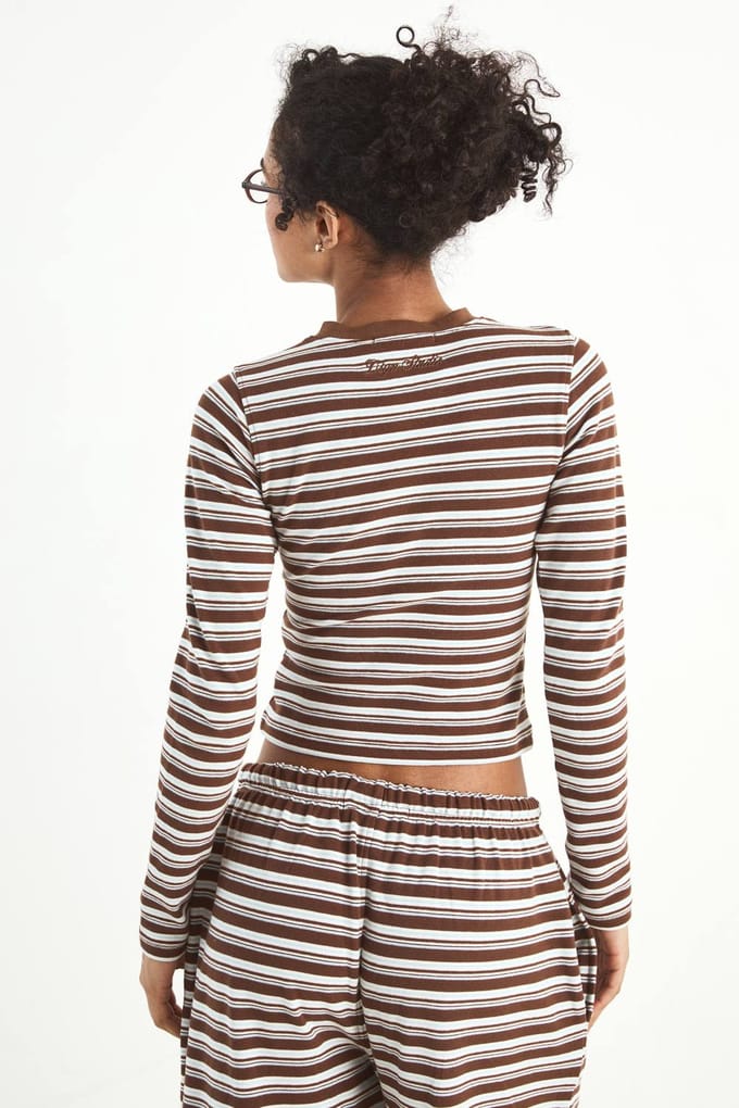 Dames Dsgn Studio Gestreepte Doorknoop Top Met Lange Mouwen | Mocha | Maat: 3XL