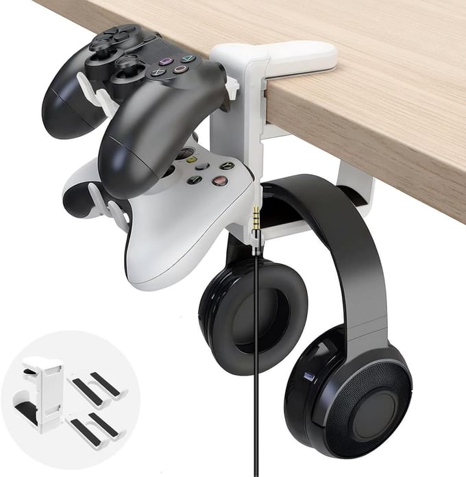 Hoofdtelefoonstandaard en Controllerhouder | 360° draaibare Headsethouder met Kabelorganizer | Universele Gaming-accessoires - Wit