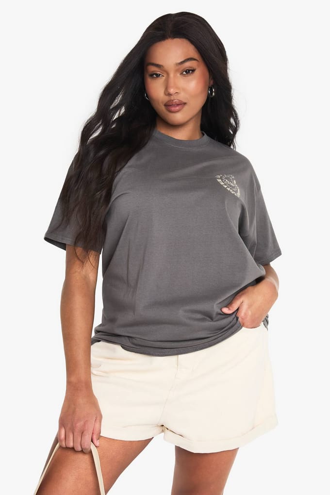 boohoo Dames PLUS SUNDAY COFFEE CLUB OVERSIZED PRINTED T-SHIRT | Houtskool | Maat: 48