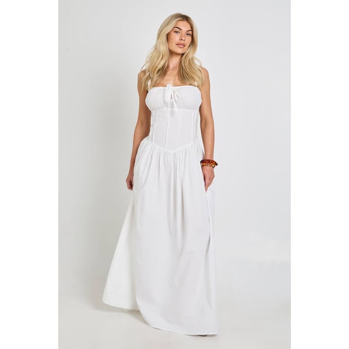 boohoo Dames Katoenen Poplin Melkmeisjesmaxijurk | Wit | Maat: 42