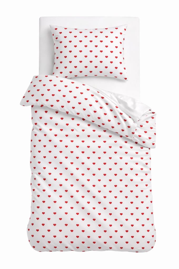 HappyNest - Dekbedovertrek - Eenpersoons 140x220 cm - met Kussensloop 60x70cm - Wit met Rode Hartjes