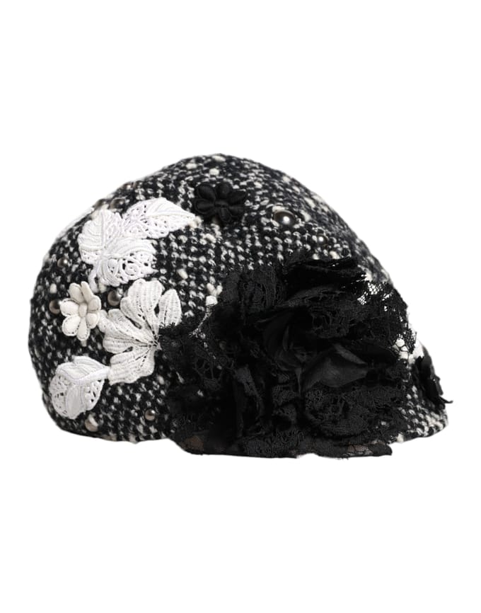 Zwart Wol Witte Bloem Versierde Cloche Hoed