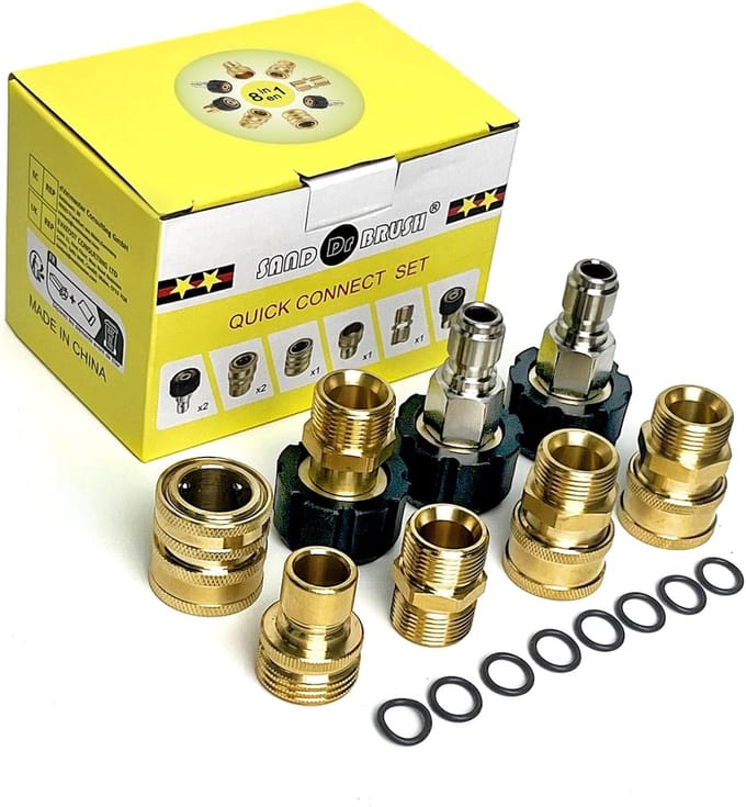 Hogedrukreiniger Adapterset - 8-delig - Quick Connect Koppelingen - M22 14/15 mm - Messing RVS