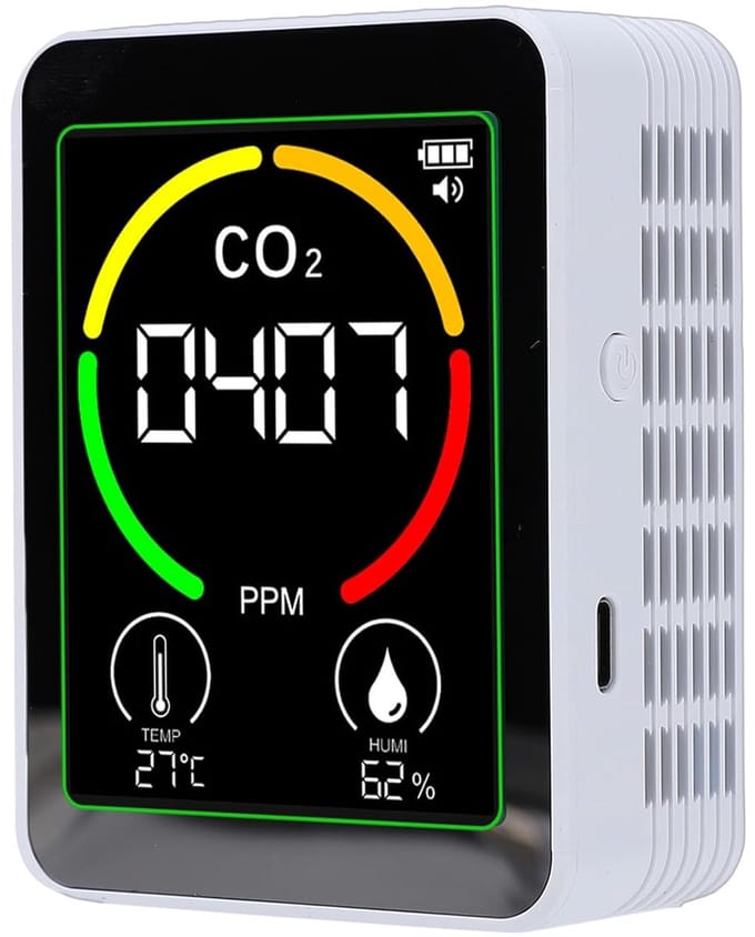Luchtkwaliteitsmeter - CO2 detector - Binnenklimaat meten - Realtime 3-in-1 meting - 8 uur looptijd - Wit