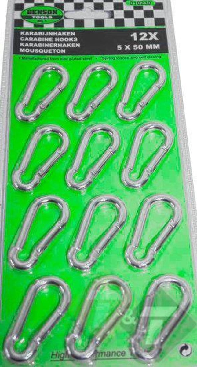 Karabijnhaken set - 12 delig - 50mm x 5mm - verzinkt - Benson