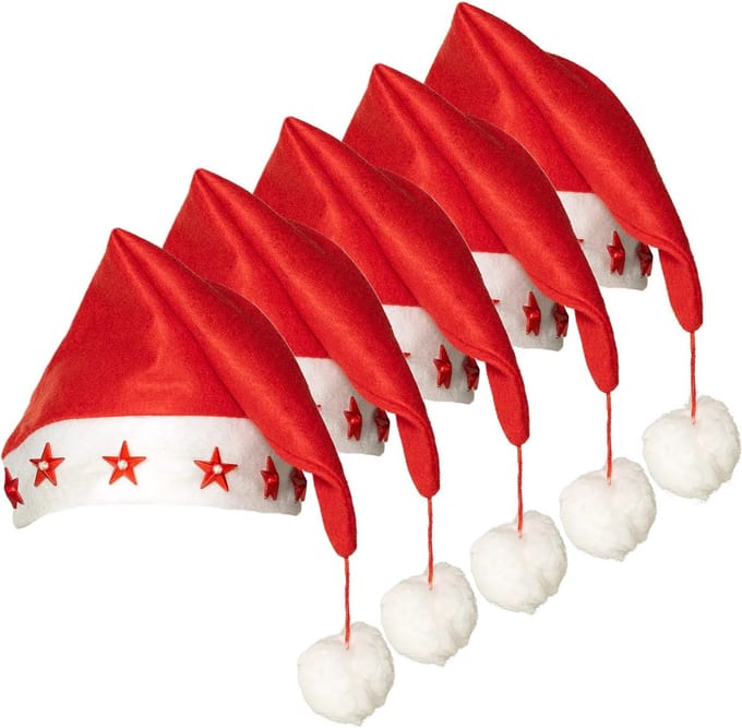 Boland Kerstmuts - 5x - rood - met lichtjes - volwassenen - verlichte kerstmuts - sterren