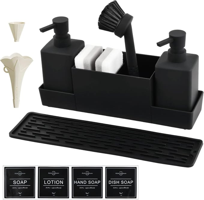 Complete Set voor Zeepdispenser met Organizer, Afwasmiddel Dispenser, Spons, Borstel en Drainer Mat voor de Keuken