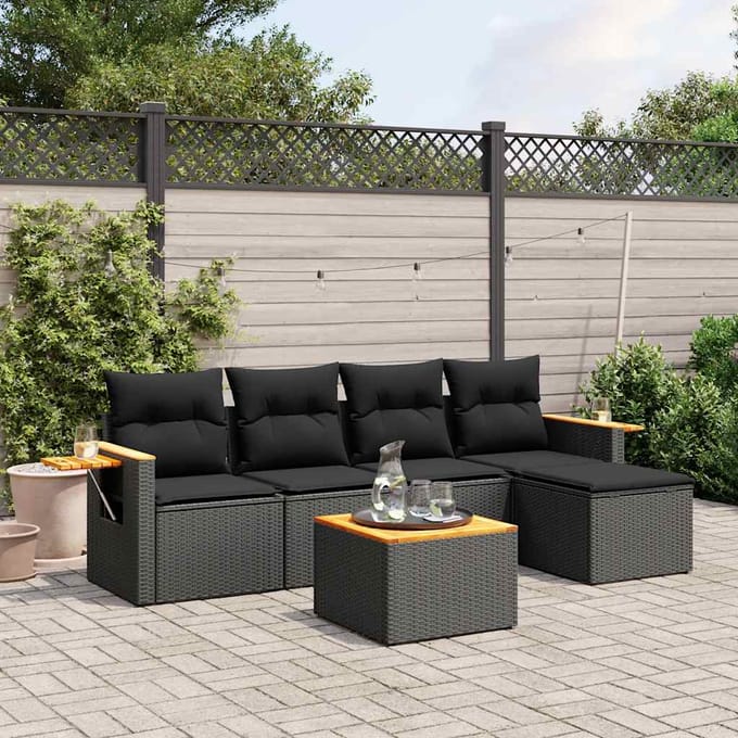 vidaXL - 6-delige - Loungeset - met - kussens - poly - rattan - zwart