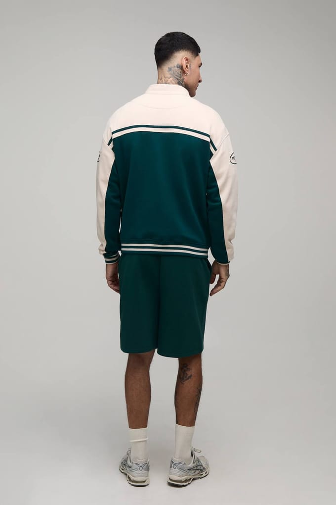 Tall Boxy Fit Biker Collared Colour Block Moto Jersey Jacket | Forest | Size Small