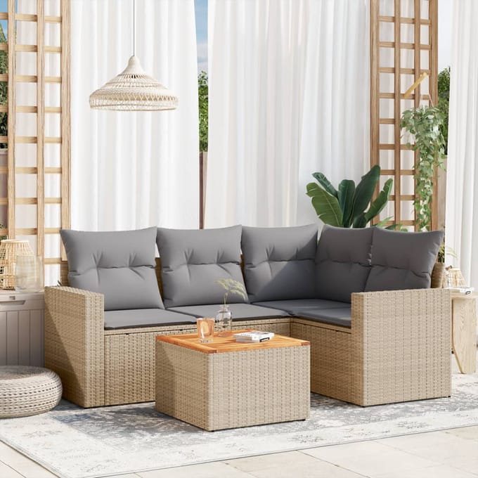 vidaXL - 5-delige - Loungeset - met - kussens - poly - rattan - beige