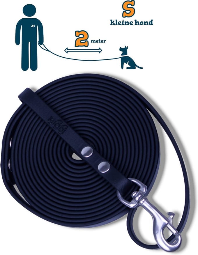 Miqdi hondenriem - BioThane – zwart – 2 meter lang – 9mm breed – XS/S – kleine hond