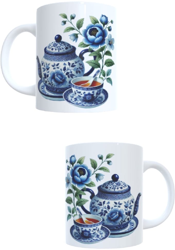 Bedrukte beker - thee mok - met blauwe afbeelding theekan - bleu opdruk