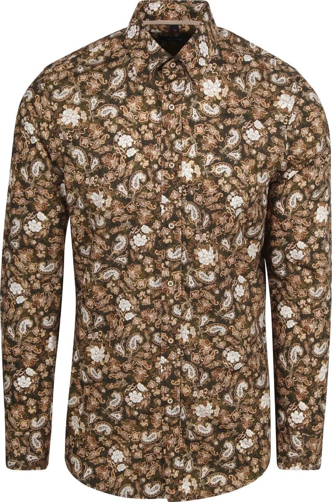 Suitable Overhemd Paisley Groen Beige - Maat M - Heren - Casual Shirt