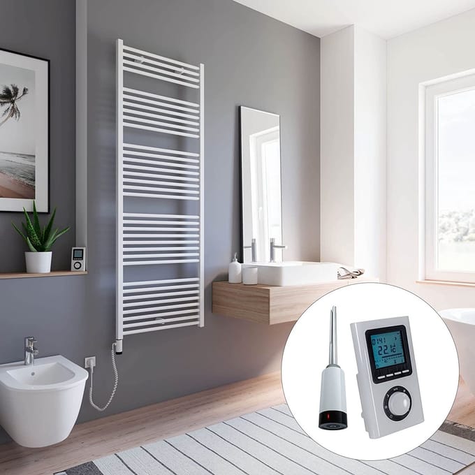 Schulte TURBO - elektrische designradiator - 60x170cm - wit - digitale remote- aansluiting links - 600 Watt