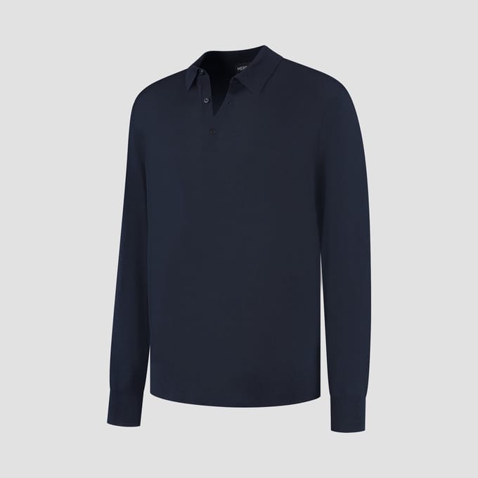 MERSO Polo – Longsleeve Trui – 100% Merino Wol – Navy Blue