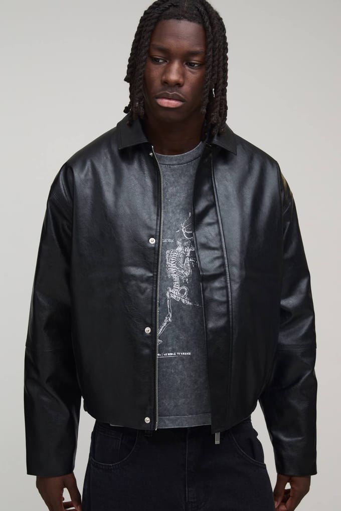 Boxy Fit Paneel Pu Harrington Jas | Black | Size XL