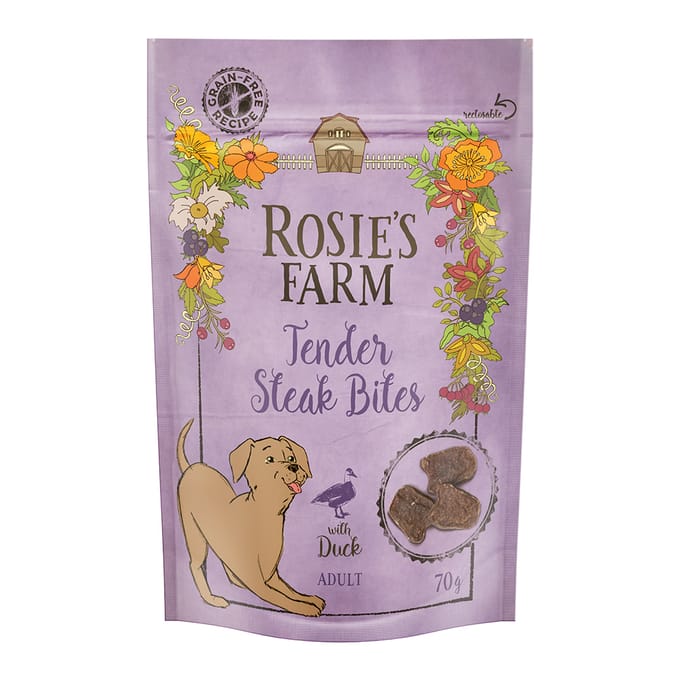5x70 g Rosie´s Farm Tender Steak Bites Eend Hondensnacks