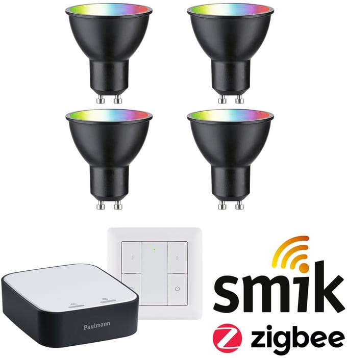 Paulmann Zigbee 3.0 Smart Home Startset Smik Gateway + Wandschakelaar + 4x LED Reflector GU10 RGBW - 2200K-6500K - 350lm - Dimbaar