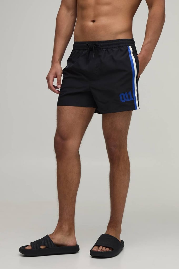 Side Stripe Panelled Applique Short Length Swim Short | Black | Size Medium