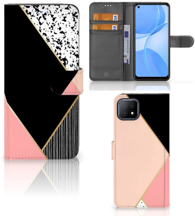 OPPO A73 5G Book Case Zwart Roze Vormen
