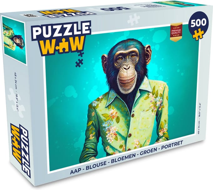 Puzzel Aap - Blouse - Bloemen - Groen - Portret - Legpuzzel - Puzzel 500 stukjes