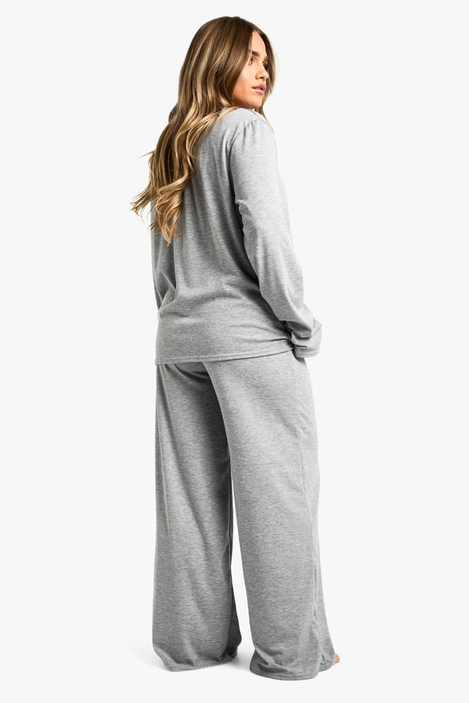 boohoo Dames Petite Langarm Shirt & Broek Pyjama Set | Grey | Maat: 10