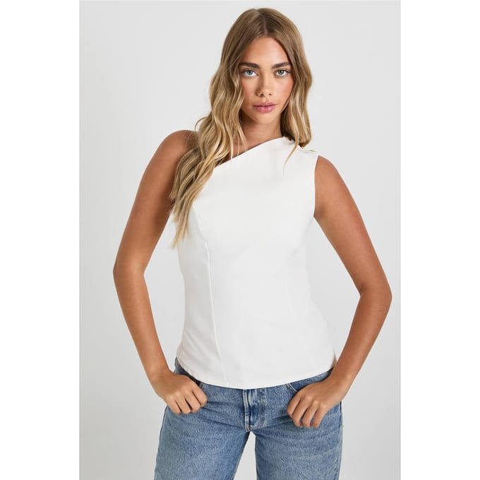boohoo Dames Gouden knop top met one-shoulder ontwerp | White | Maat: 6
