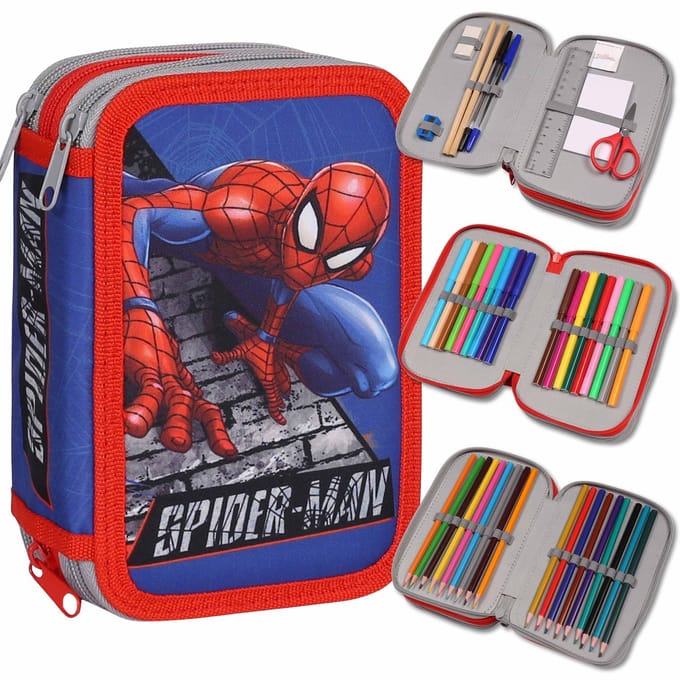 MARVEL Spider Man Pennenetui met drie vakken MET UITRUSTING voor een jongen, VOOR SCHOOL - 45 elementen, 3 rits