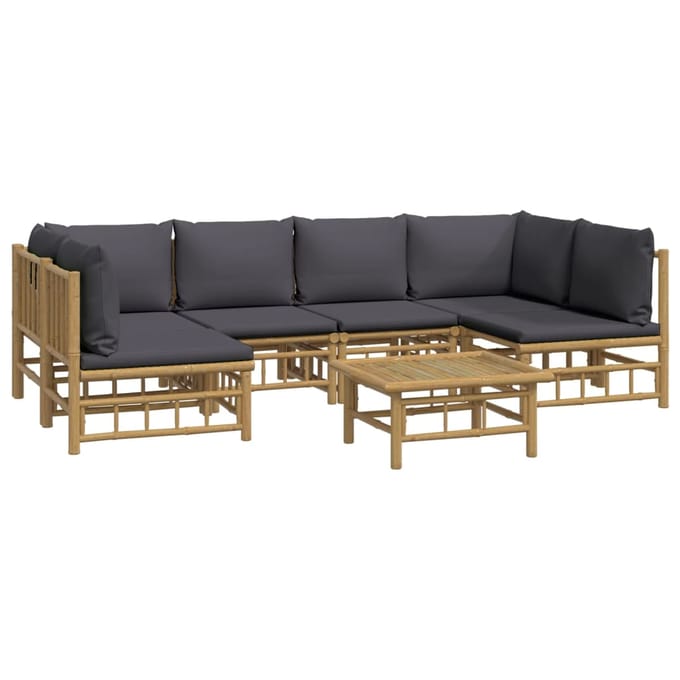 vidaXL - 7-delige - Loungeset - met - kussens - bamboe - donkergrijs