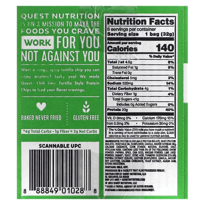 Quest Nutrition Protein Tortilla Chips (8x32g) Chili Lime - Functionele voeding - Eiwit Snacks