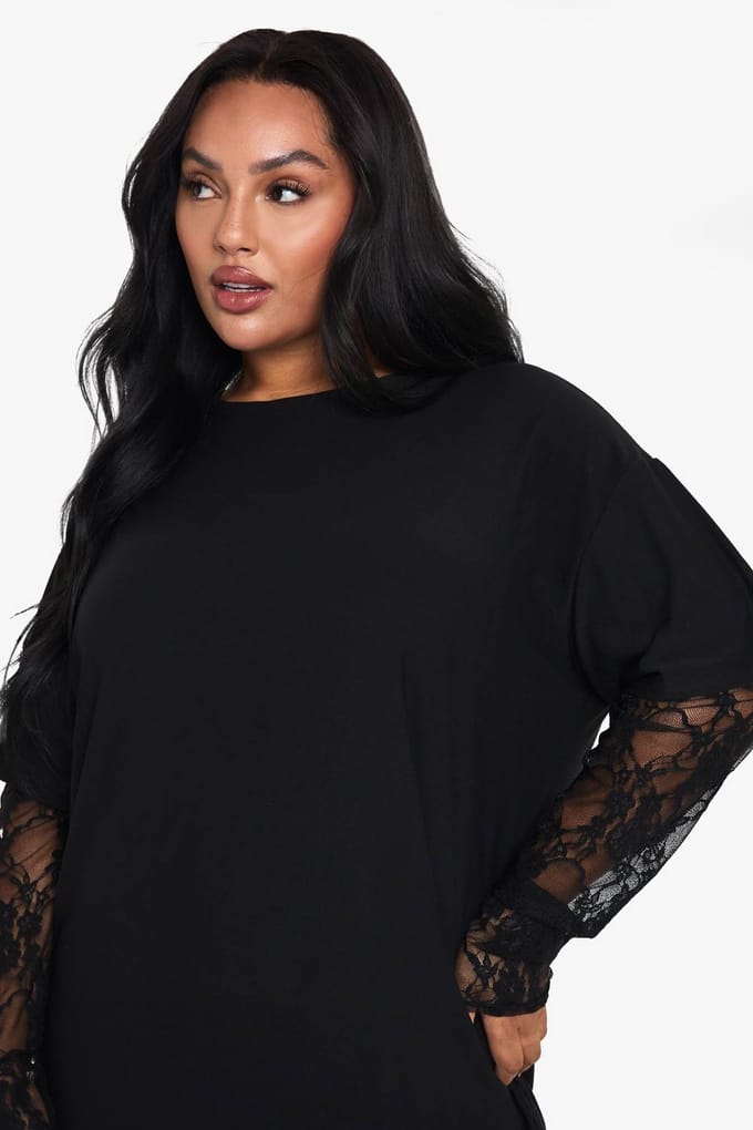boohoo Dames Plus kanten mouw oversized T-shirt jurk | Zwart | Maat: 56