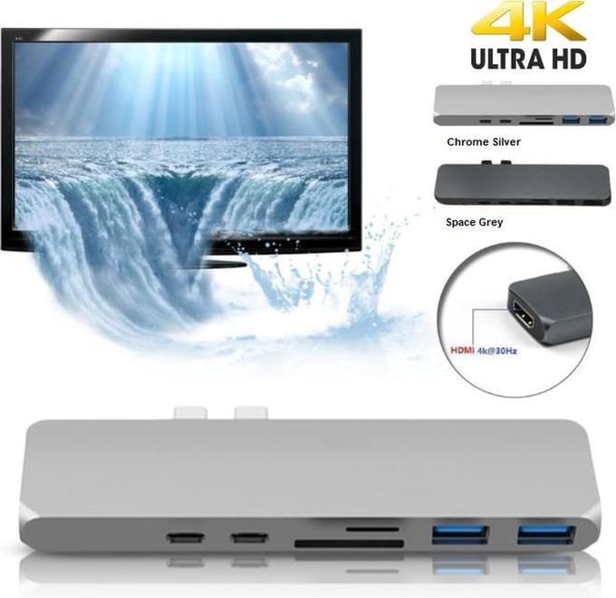 DrPhone 7-in-1 USB-C Hub – Thunderbolt 3 – 2x USB 3.0 – 4K HDMI – SD & MicroSD – 100W PD Opladen – Hoge snelheid – Space Grey