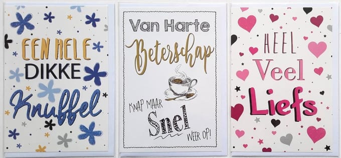 3 Wenskaarten - Van harte Beterschap + Veel liefs + Knuffel - 12 x 17 cm – BET-302