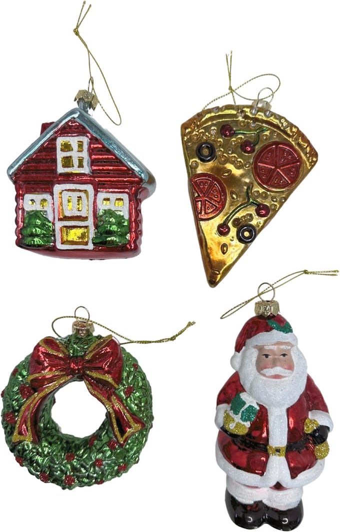 3BMT Kerstornamenten Kerstballen Plastic - set van 4 - Kerstman - Kerstkrans - Kersthuis - Pizza