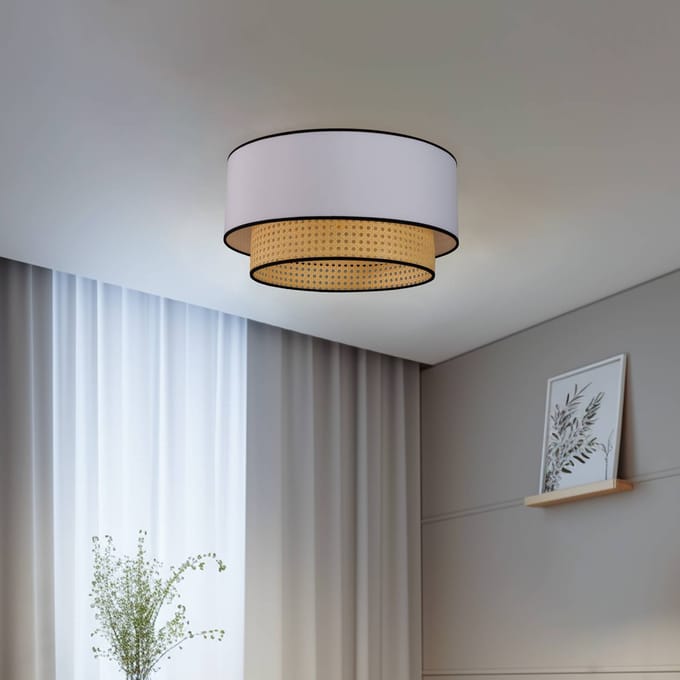 Duolla Boho-plafondlamp, wit/hout/zwart, Ø 45 cm, textiel/rotan