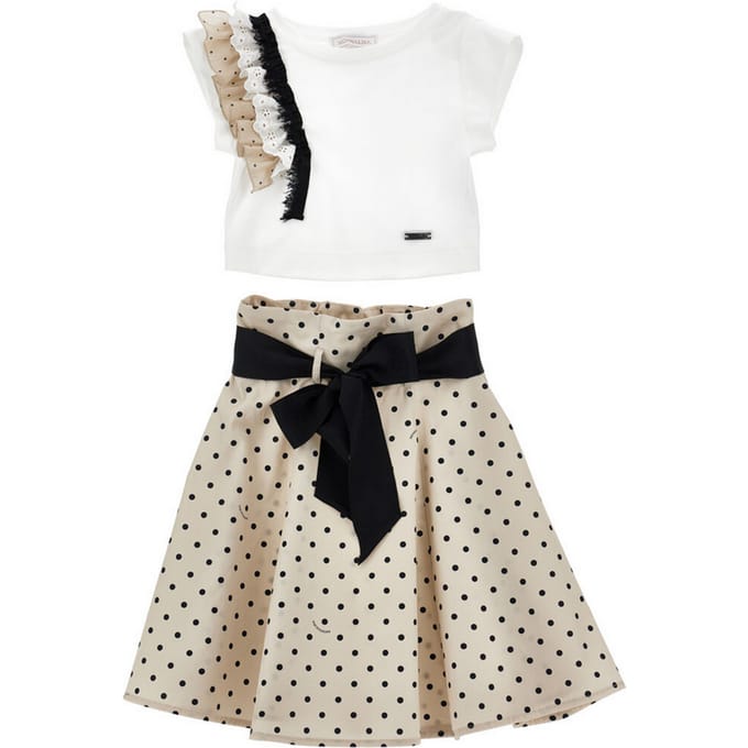 complete gecoordineerde muis en rok met beige en zwarte polka dot print