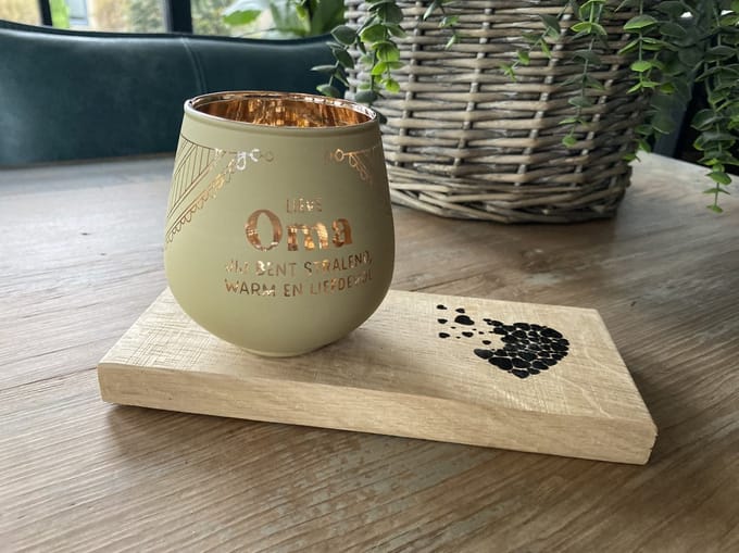 Creaties van Hier - Oma - Kaarsen - Theelichthouder met Plankje - Glas - 9,4x8,9 cm