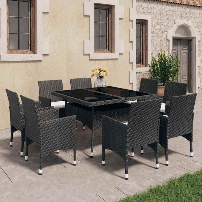 vidaXL - 9-delige - Tuinset - poly - rattan - en - glas - zwart