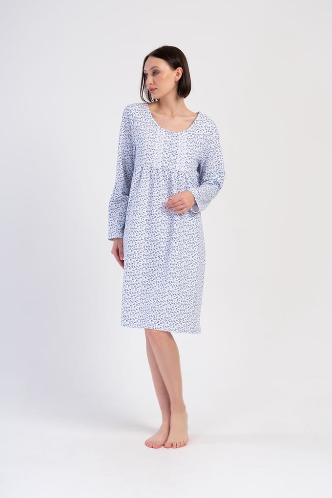 Vienetta - Dames Nachthemd, Lange Mouwen, Blauw - M
