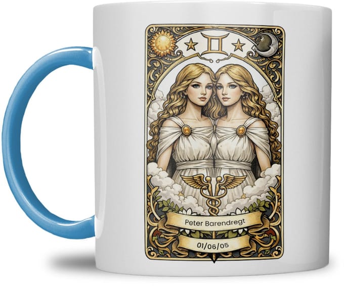 Sterrenbeeld mok - Tweeling - Licht Blauw - Tarot mok - Gepersonaliseerd met naam en datum