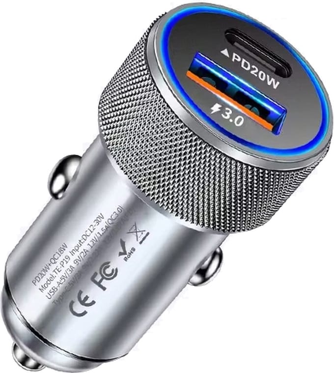 Autolader USB-C + USB 3.0 38W Snellader - compacte auto telefoon oplader - sigarettenaansteker - universeel - zilver