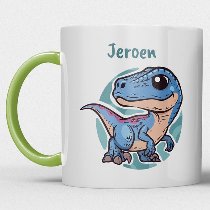 kindermok/kinderbeker | gepersonaliseerd met naam | met dino/dinosaurus/t-rex | groen | Schattige illustraties