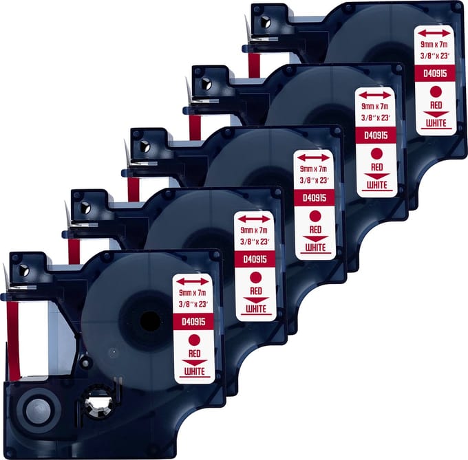 DULA Dymo D1 40915 - S0720700 - Compatible label tape - 5 lettertapes - Rood op wit - 9mm x 7m