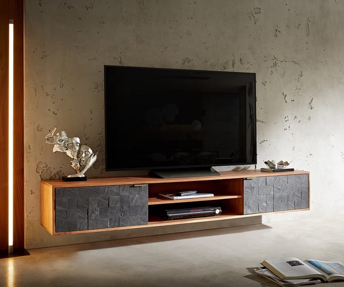 TV-meubel Teele acacia natuur leisteen 200 cm 2 Deurs Lowboard zwevend