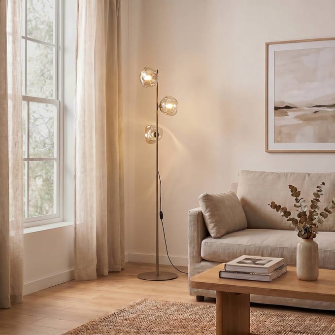 TK Lighting Vloerlamp Lava, zand/cognac, glas, 151 cm, 3-lamps, G9