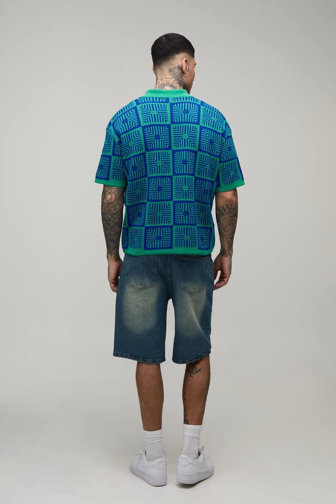 Tall Oversized Boxy Crochet Tapestry Knitted Polo T-Shirt | Green | Size Medium